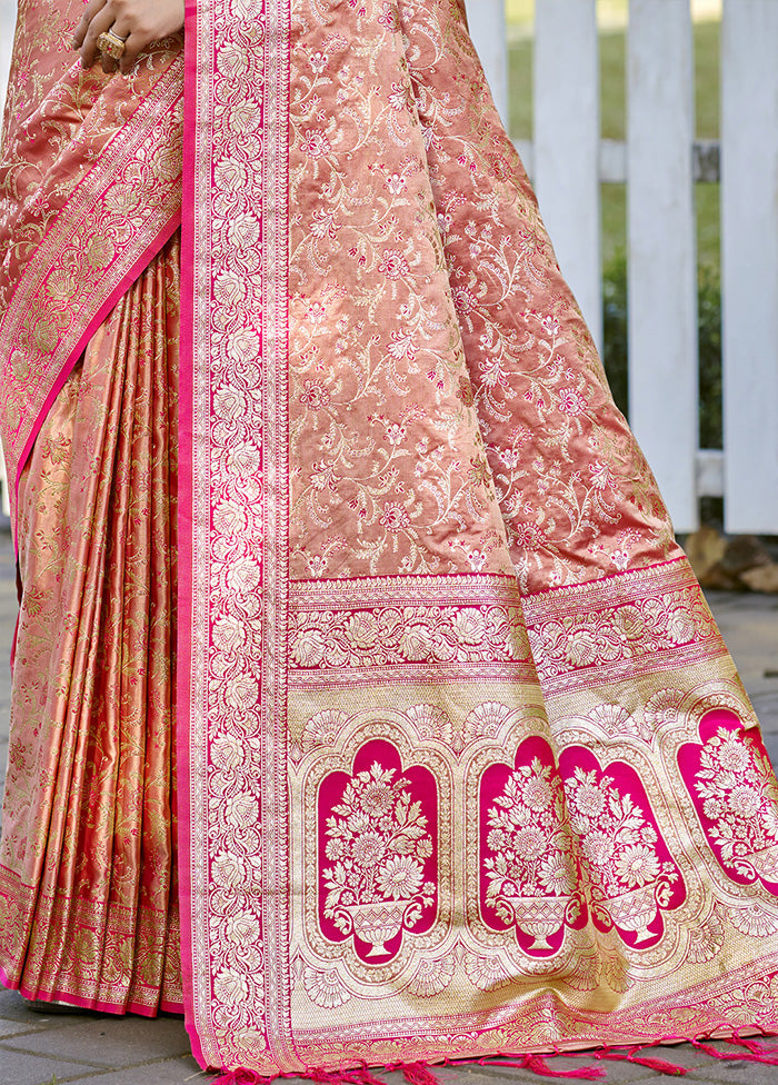 Peach Spun Silk Saree With Blouse Piece Cheap Sale Shop For