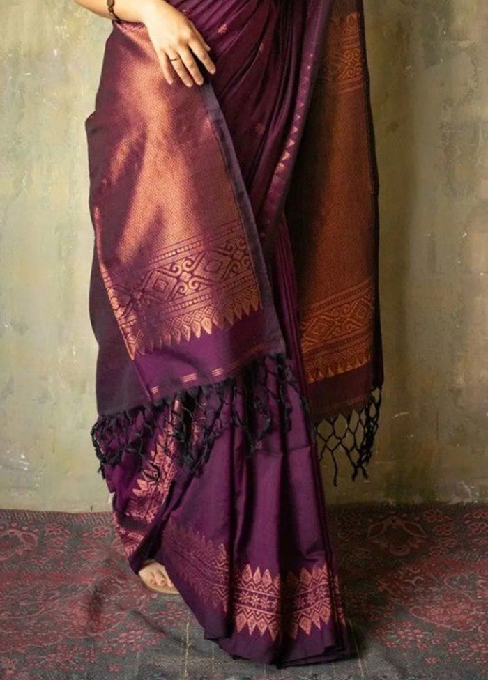 Wine Banarasi Silk Saree With Blouse Piece Pay With Visa For Sale