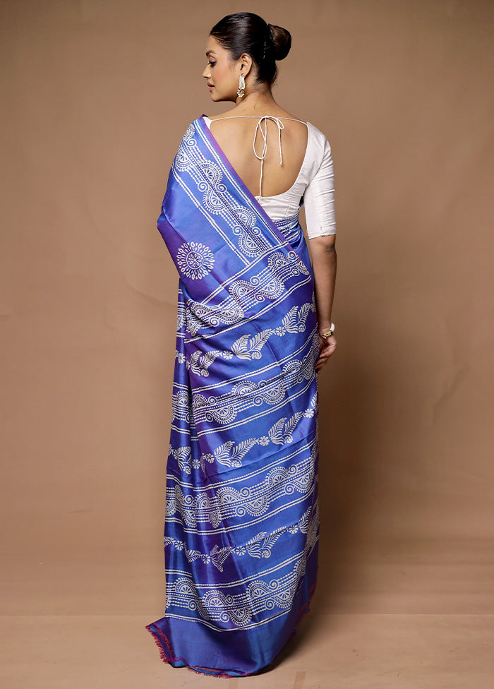 Blue Printed Pure Silk Saree Without Blouse Piece In China