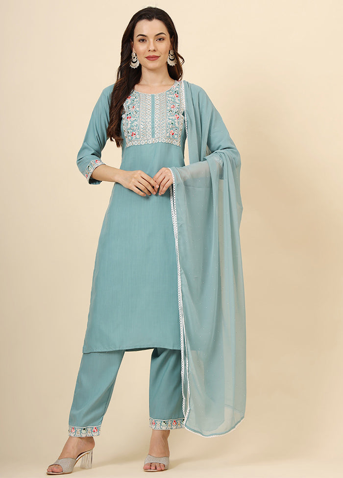 3 Pc Blue Readymade Cotton Suit Set Free Shipping For Nice