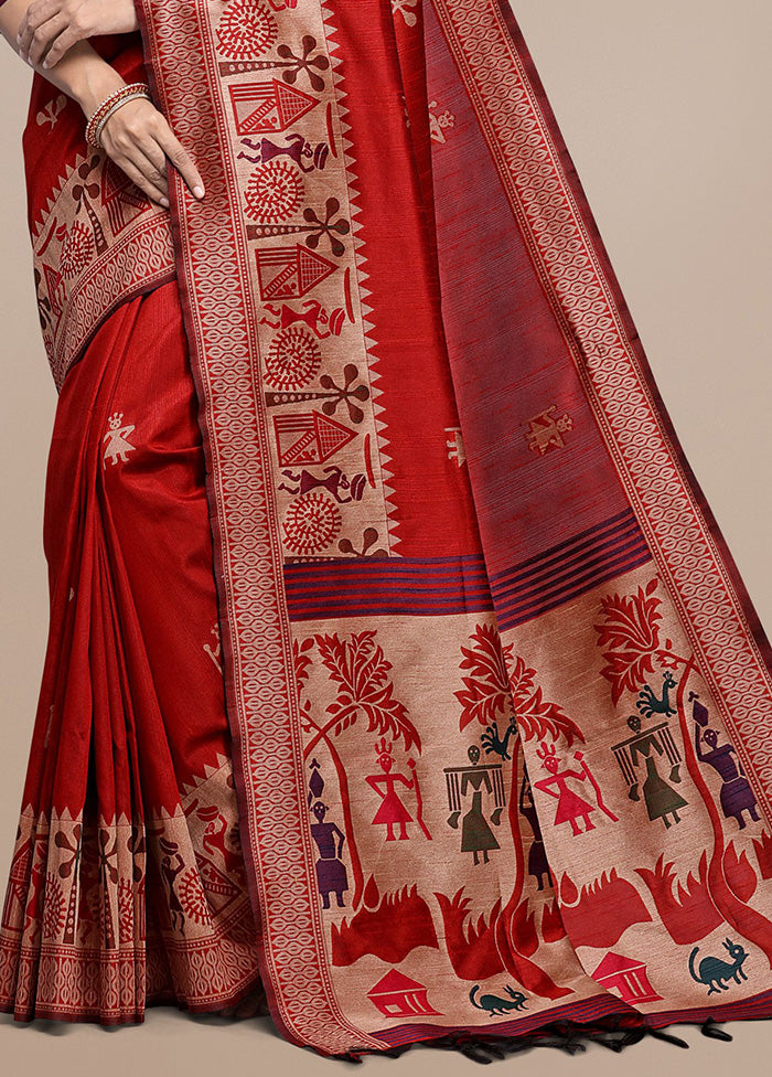 Red Spun Silk Saree With Blouse Piece Inexpensive Sale Online