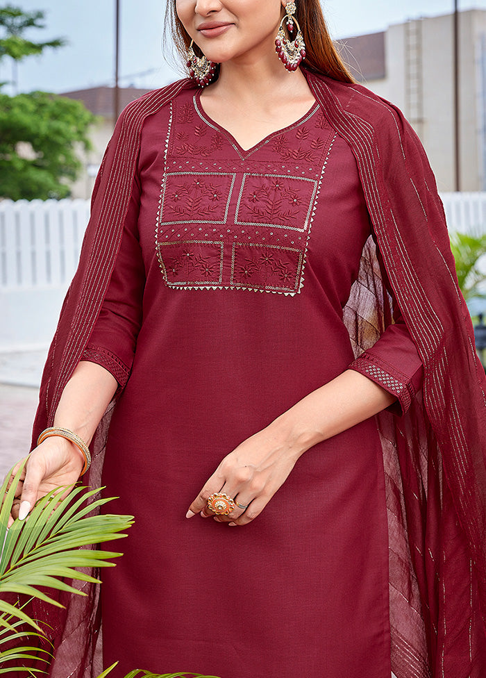 3 Pc Maroon Readymade Cotton Suit Set 100% Guaranteed