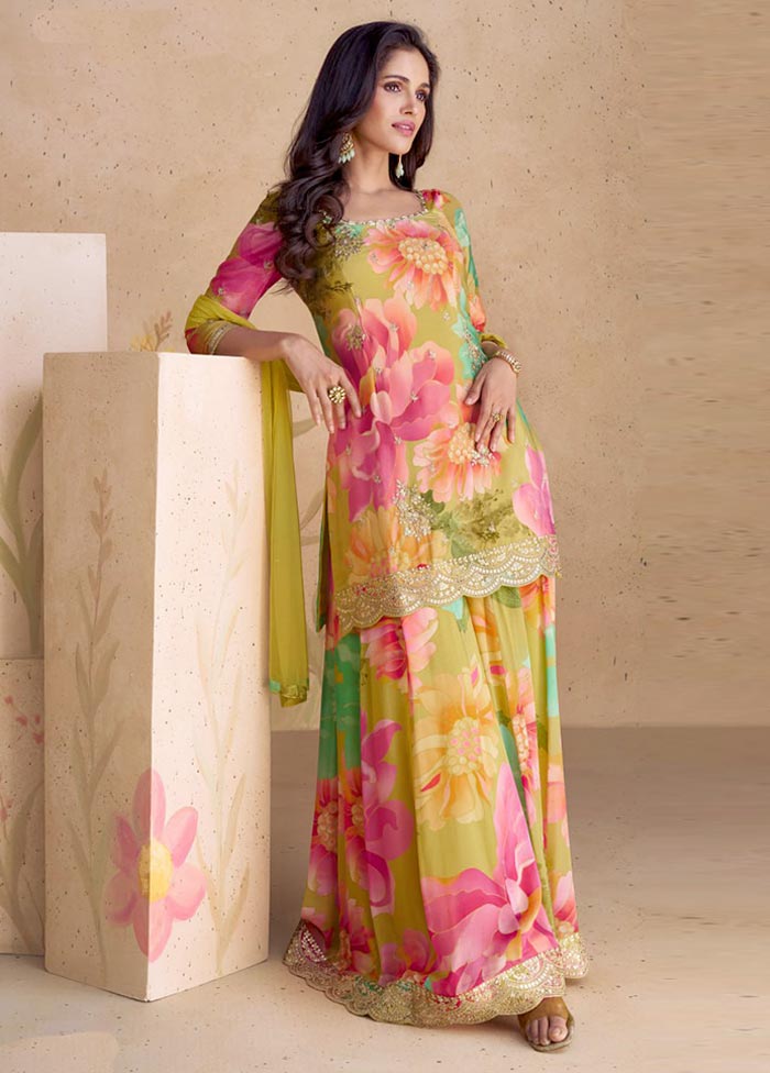 3 Pc Multicolor Semi Stitched Silk Suit Set Cheap Websites