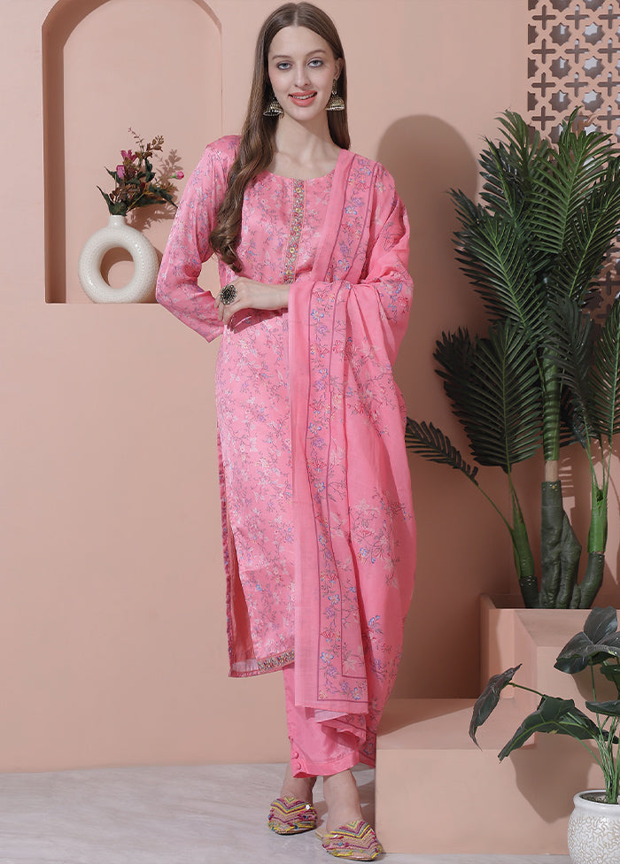 3 Pc Pink Unstitched Silk Suit Set Online