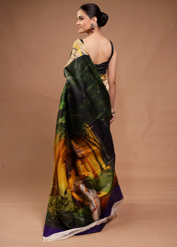 Cream Printed Pure Silk Saree Without Blouse Piece Recommend Cheap Online