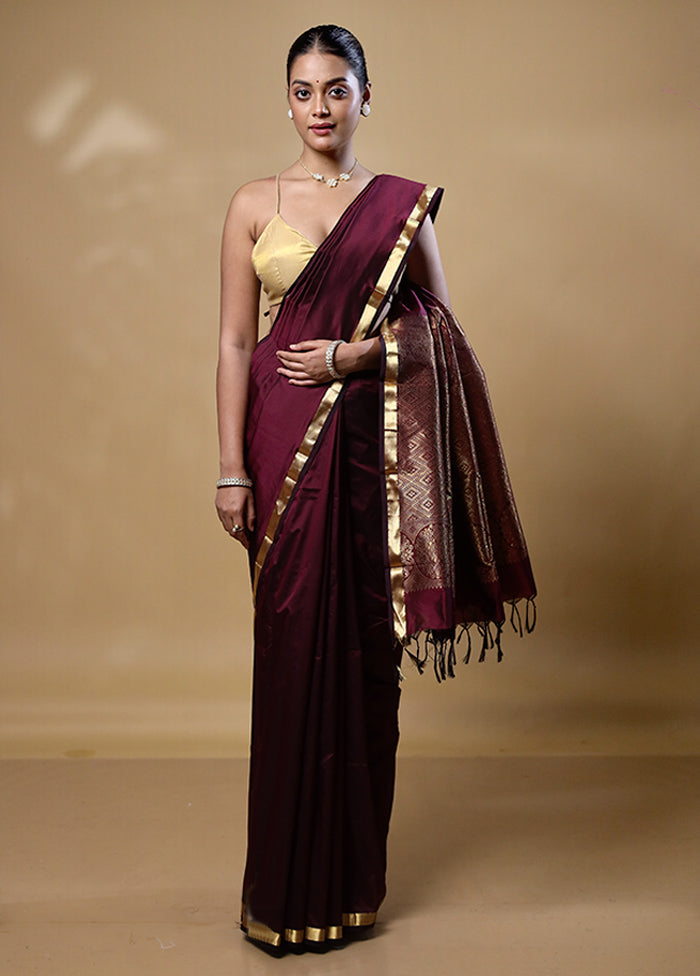 Maroon Kanjivaram Silk Saree With Blouse Piece Authentic Cheap Pice