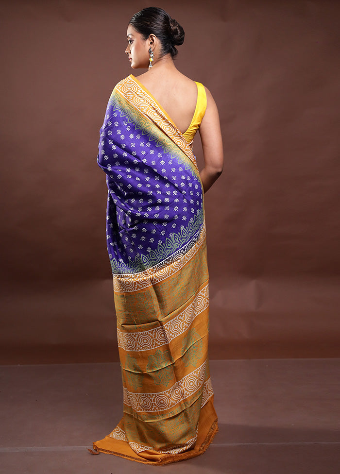 Blue Printed Pure Silk Saree Without Blouse Piece Cheap Sale Exclusive