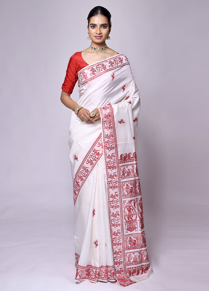 White Handloom Baluchari Pure Silk Saree With Blouse Piece Recommend Cheap Online