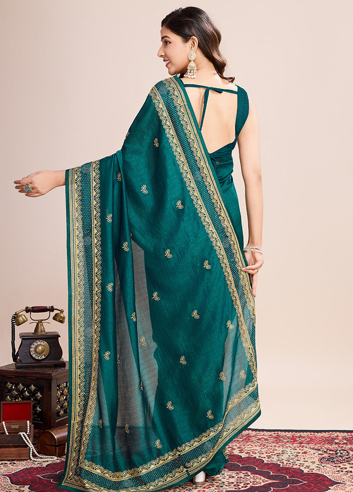 Rama Spun Silk Saree With Blouse Piece 100% Guaranteed