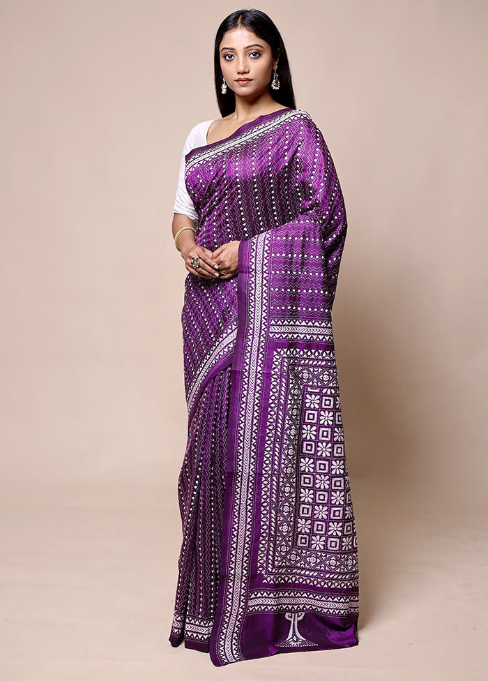 Purple Handloom Kantha Stitch Pure Silk Saree With Blouse Piece Clearance Very Cheap