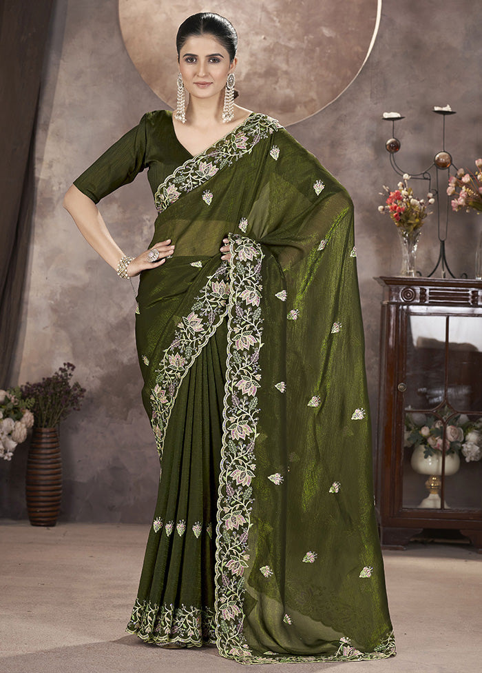 Green Spun Silk Saree With Blouse Piece Best Deals