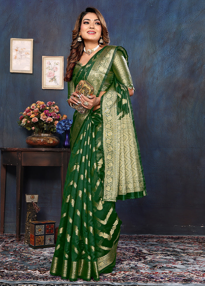 Dark Green Organza Saree With Blouse Piece Sale Best Seller