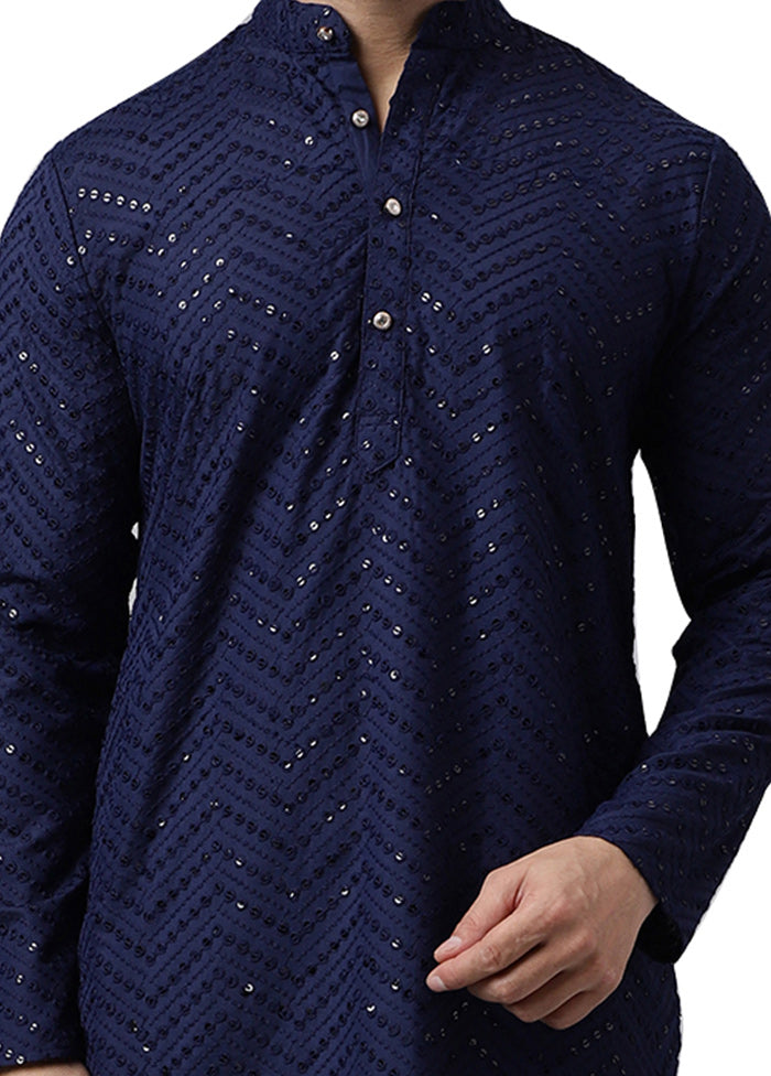 Navy Blue Silk Embroidered Kurta Cheap Sale With Paypal