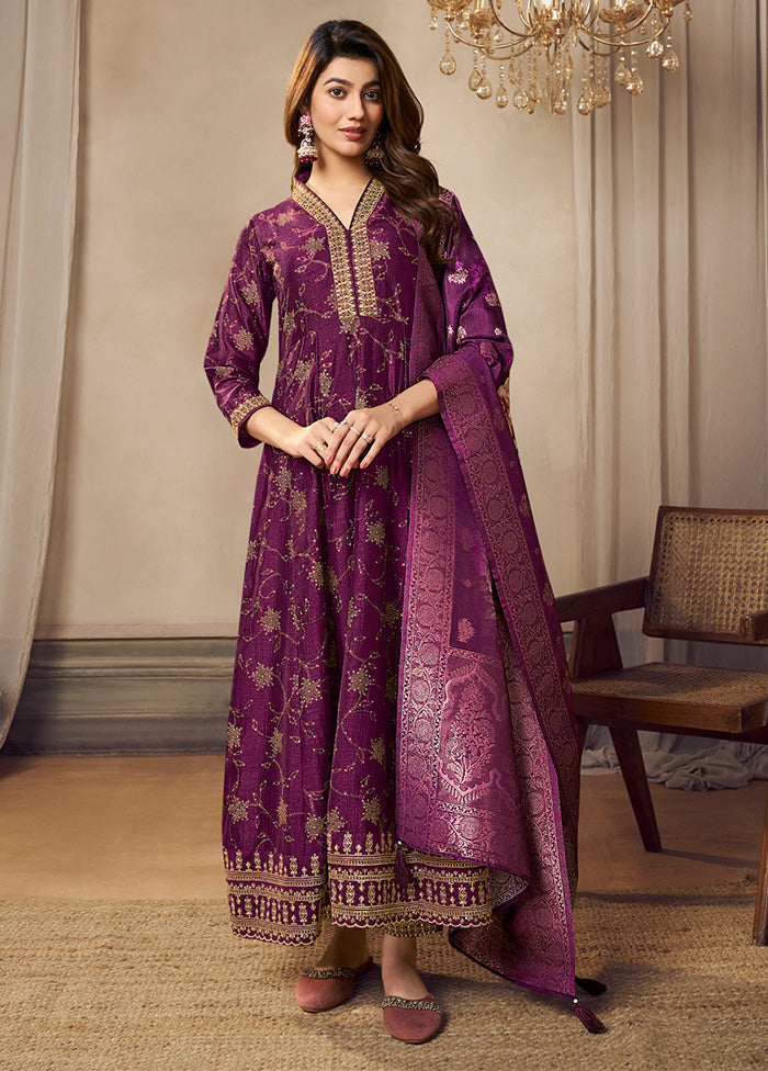 3 Pc Purple Readymade Silk Dupatta Suit Set Discount Tumblr