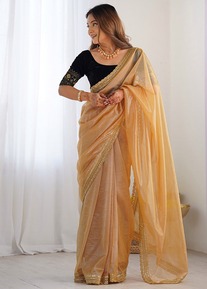 Beige Net Net Saree With Blouse Piece Cheap Sale Genuine