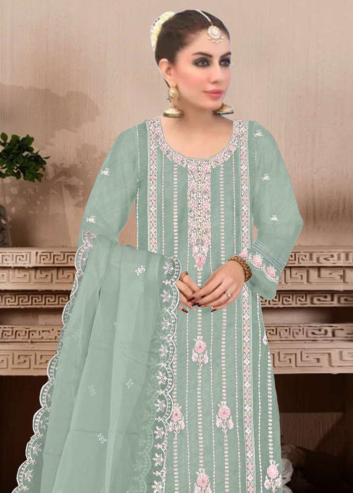 3 Pc Light Green Semi Stitched Georgette Suit Set Cheap Explore