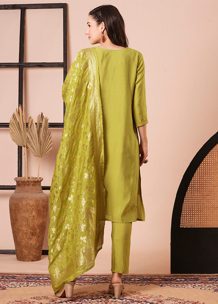 3 Pc Green Readymade Chanderi Dupatta Suit Set Clearance Pirce Sale