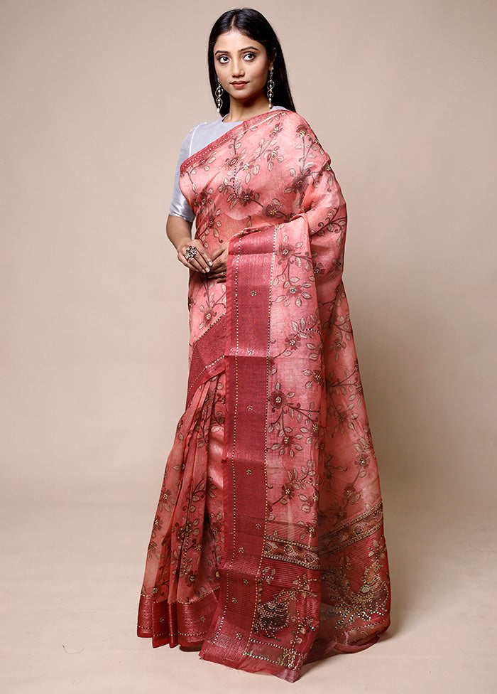 Pink Tussar Silk Saree With Blouse Piece Cheap Pice Original