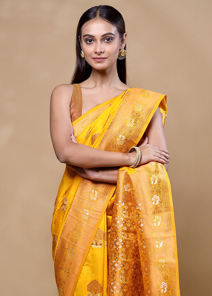 Yellow Dupion Silk Saree With Blouse Piece Free Shipping Online