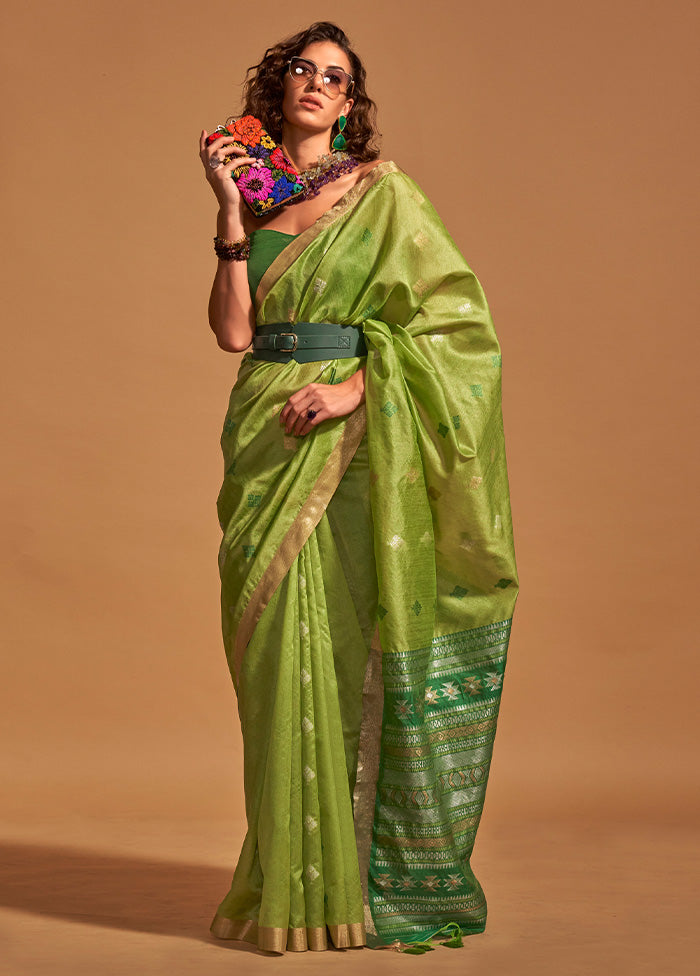 Light Green Spun Silk Saree With Blouse Piece Pre Order Online