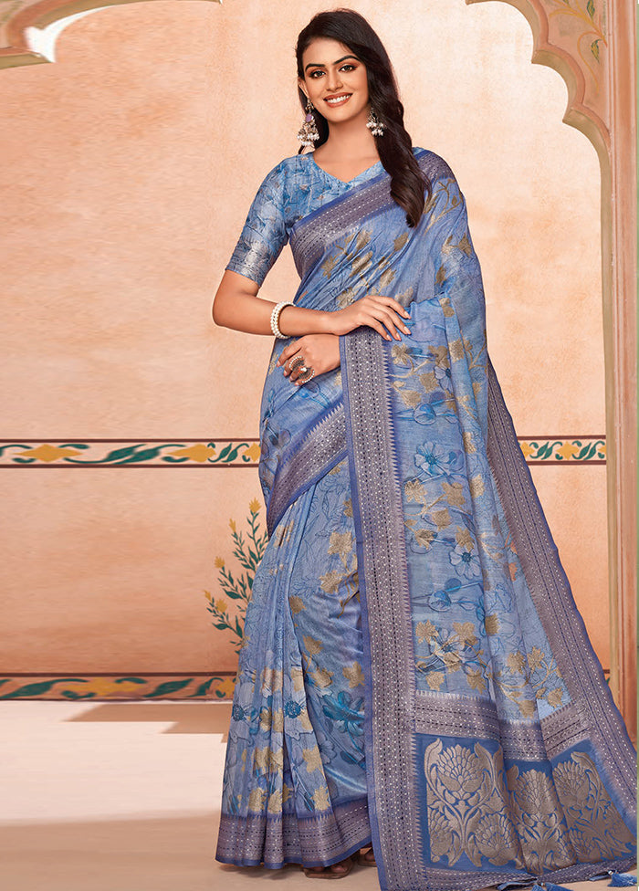 Sky Blue Spun Silk Saree With Blouse Piece Shipping Discount Authentic