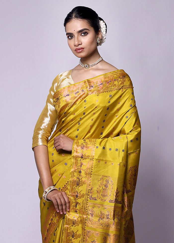 Yellow Handloom Baluchari Pure Silk Saree With Blouse Piece Cheap Sale Wiki