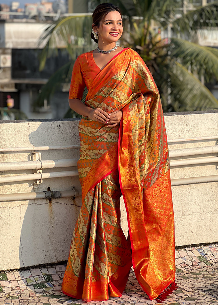 Orange Dupion Silk Saree With Blouse Piece Release Dates Sale Online