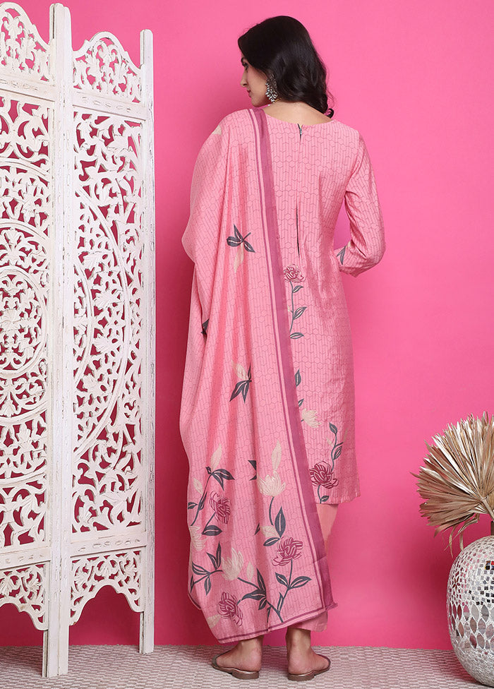 3 Pc Pink Unstitched Silk Suit Set Clearance Pictures