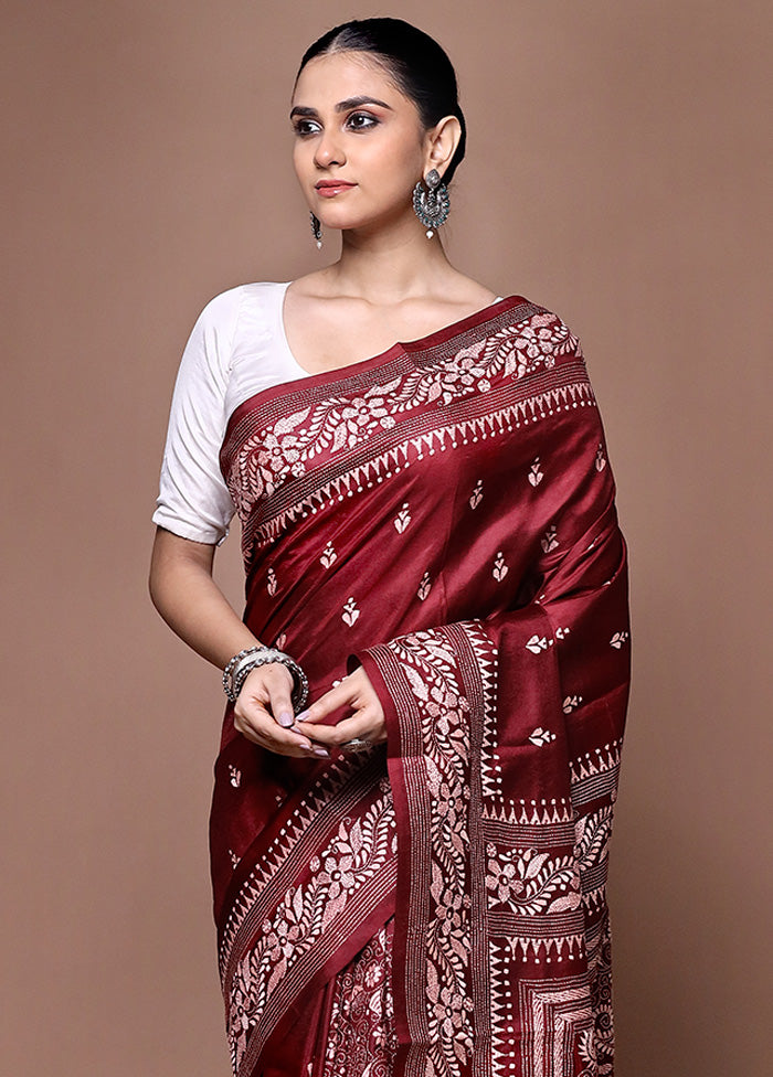 Maroon Handloom Kantha Stitch Pure Silk Saree With Blouse Piece Discount Tumblr