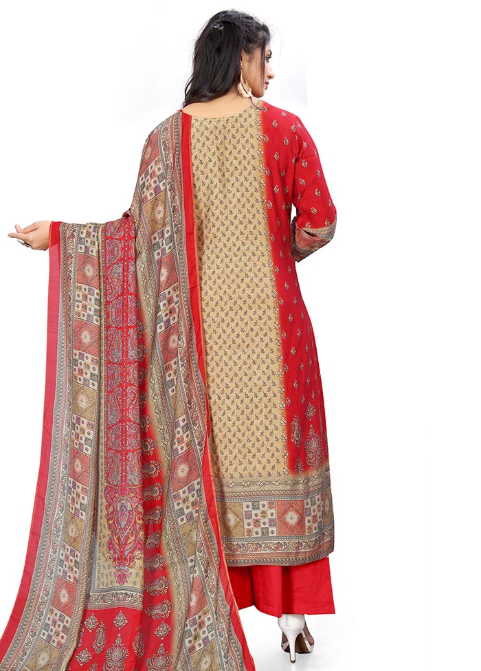 3 Pc Red Unstitched Silk Suit Set Clearance With Credit Card