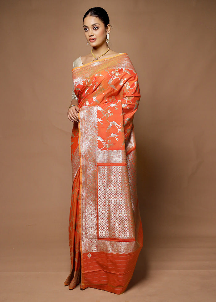 Orange Uppada Silk Saree With Blouse Piece Outlet View