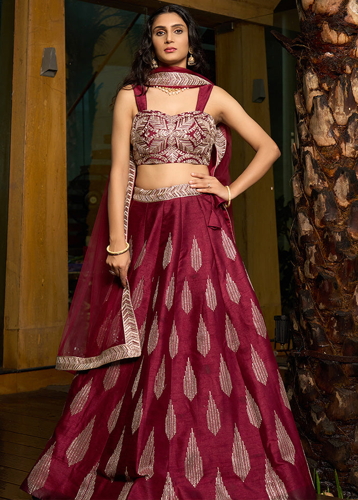 3 Pc Maroon Silk Semi Stitched Lehenga Set Clearance Classic