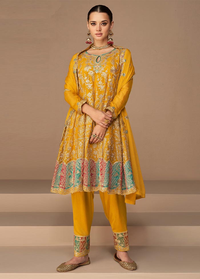 3 Pc Mustard Semi Stitched Georgette Suit Set Hot Sale Cheap Pice