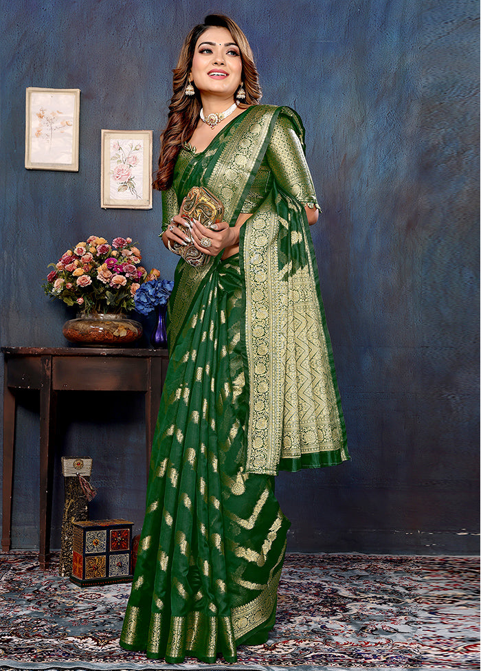 Dark Green Organza Saree With Blouse Piece Outlet Amazon