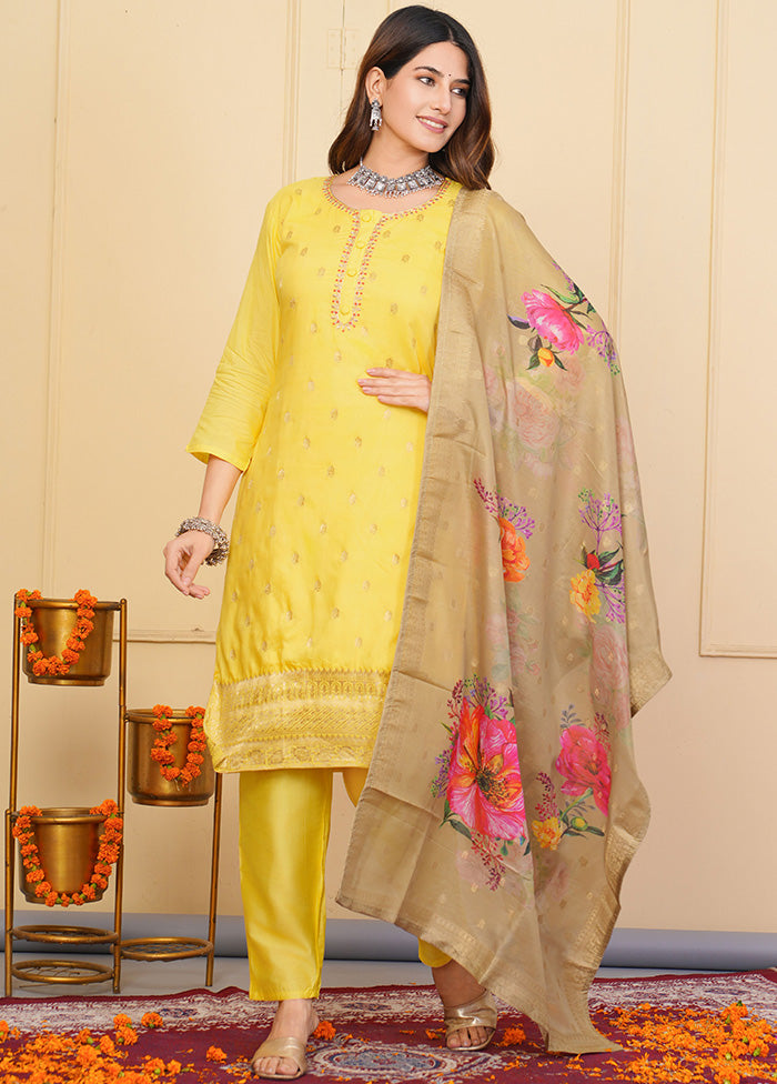 3 Pc Yellow Readymade Viscose Suit Set Comfortable Cheap Online