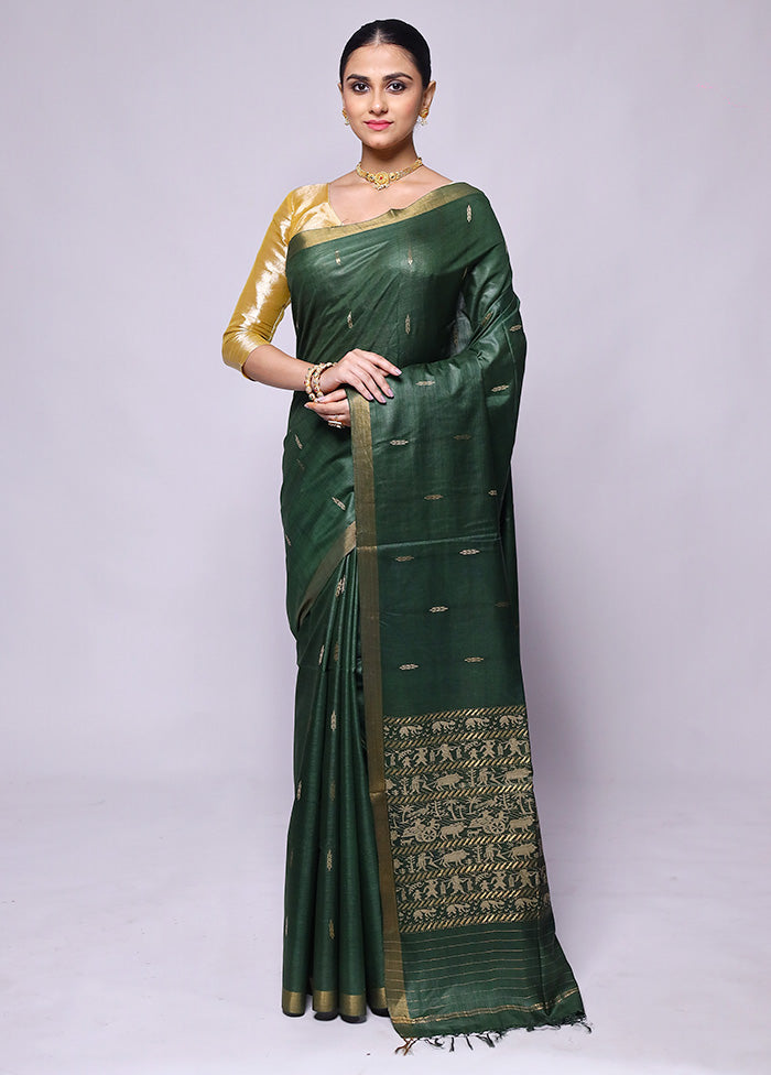 Green Handloom Tussar Pure Silk Saree With Blouse Piece Original For Sale