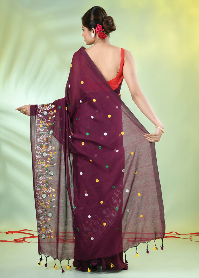 Burgundy Cotton Saree With Blouse Piece Big Discount Cheap Pice