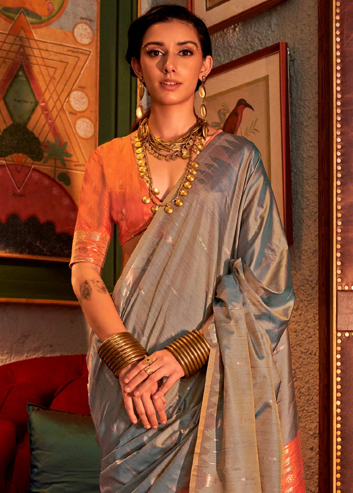 Grey Tussar Silk Saree With Blouse Piece Buy Online Cheap