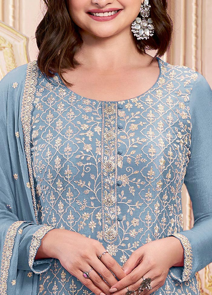 3 Pc Sky Blue Semi Stitched Georgette Suit Set High Quality Cheap Pice