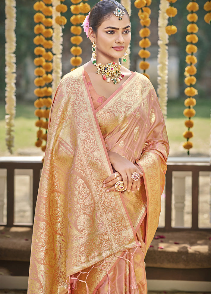 Peach Satin Silk Saree With Blouse Piece Pictures Online