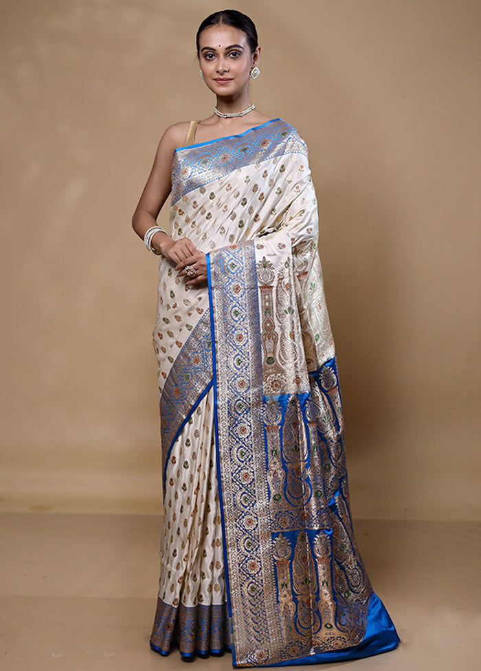 White Banarasi Silk Saree With Blouse Piece Clearance Best Pices