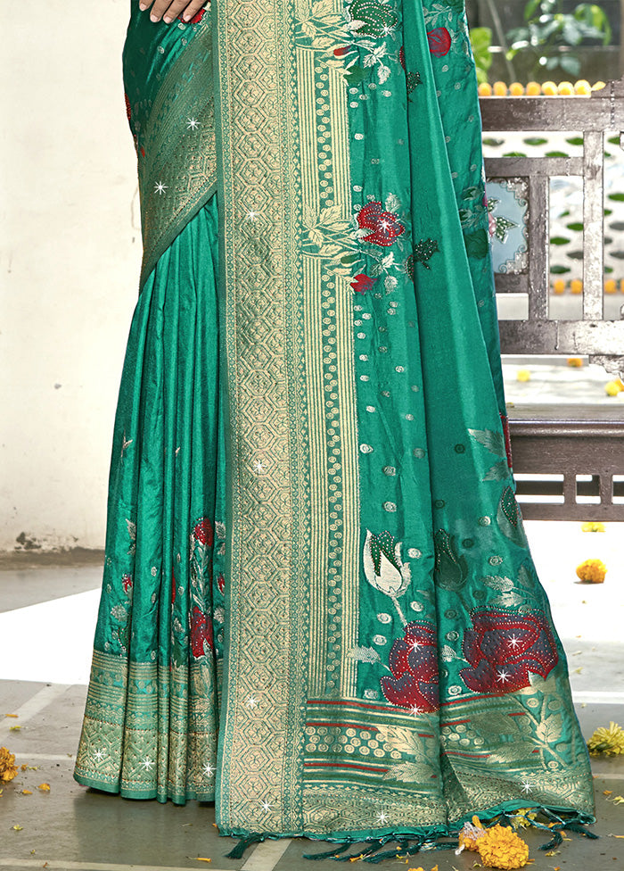 Green Spun Silk Saree With Blouse Piece Cheap Sale Exclusive