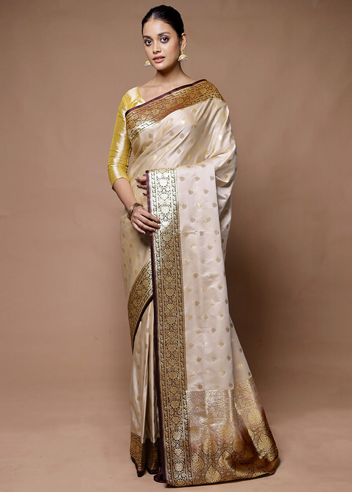 Cream Banarasi Silk Saree With Blouse Piece Latest Collections For Sale