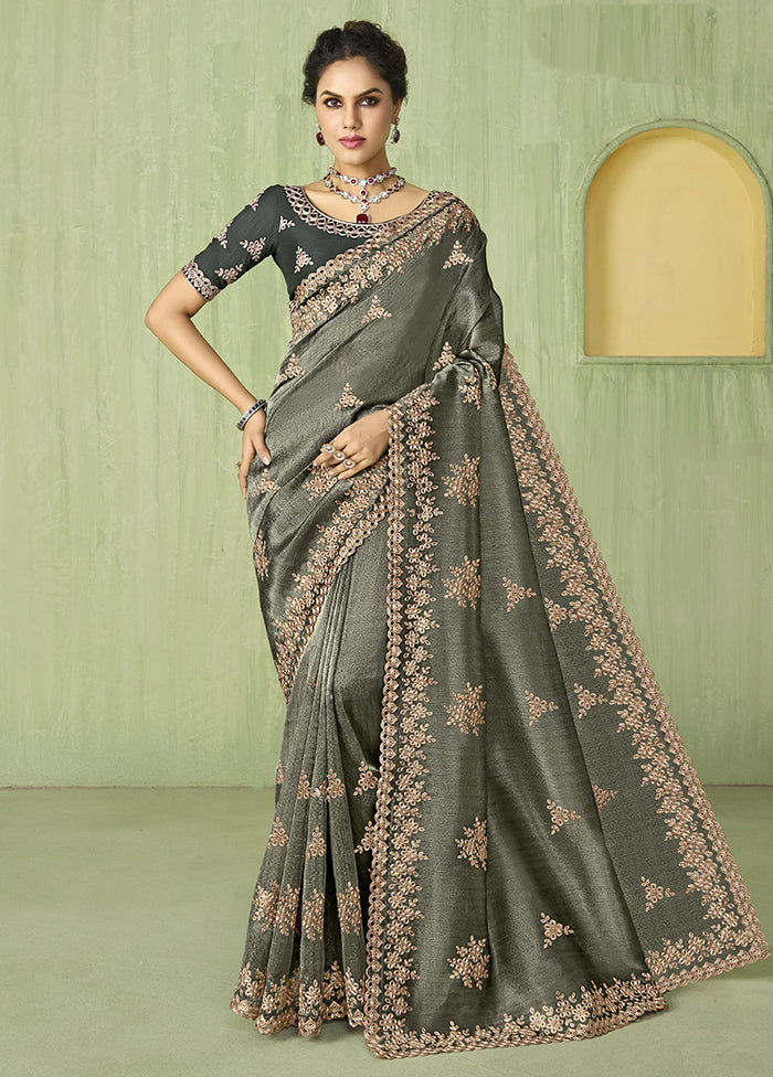 Grey Spun Silk Saree With Blouse Piece Cheap Sale Low Cost