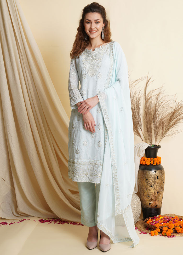 3 Pc Sky Blue Unstitched Georgette Suit Set Cheap Sale Outlet Store