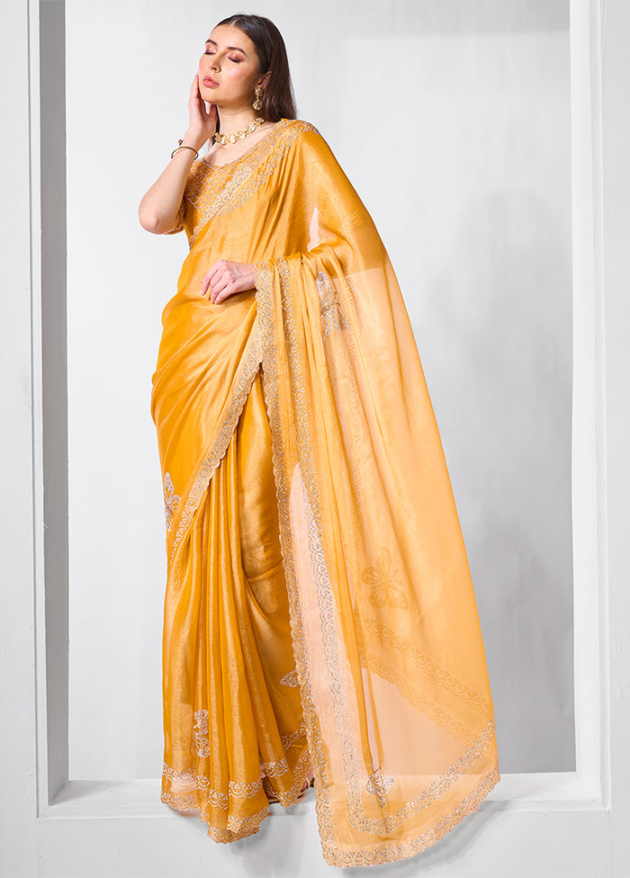 Yellow Spun Silk Saree With Blouse Piece Cheap Sale 100% Guaranteed