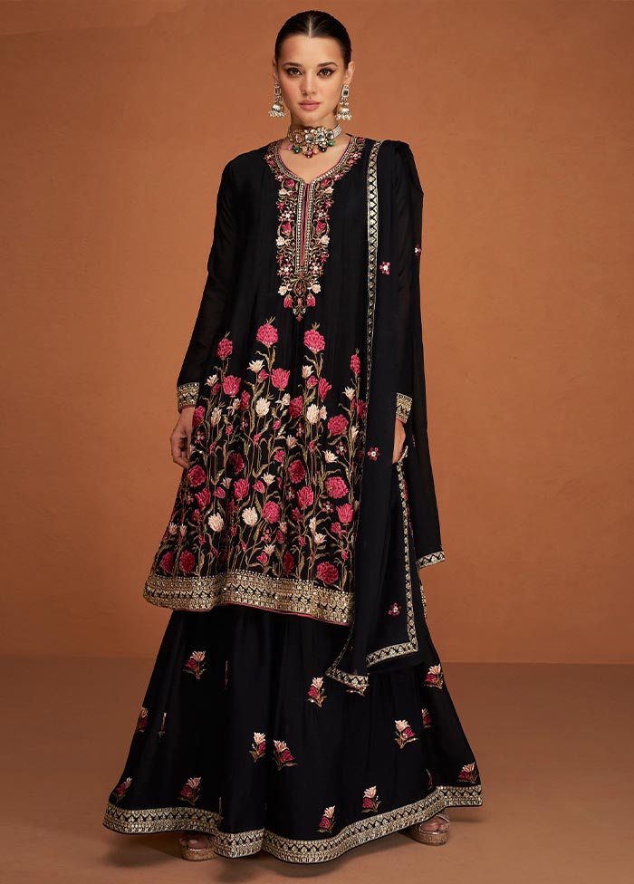 3 Pc Black Semi Stitched Georgette Suit Set Perfect Sale Online