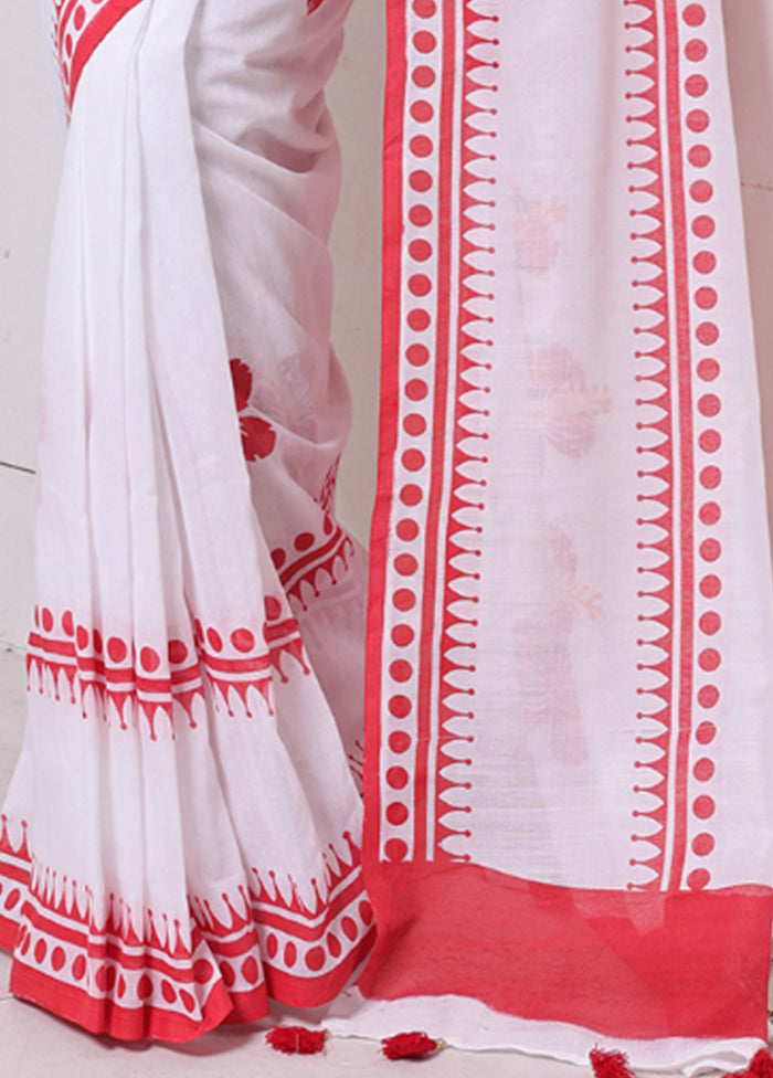 White Cotton Hibiscus Print Saree Without Blouse Piece Genuine Cheap Pice