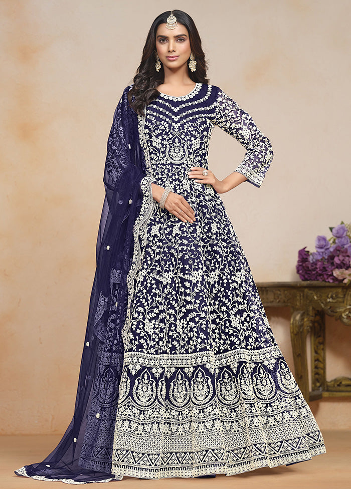 3 Pc Blue Semi Stitched Net Suit Set Outlet Marketable