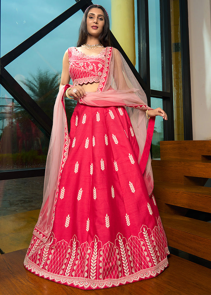 3 Pc Pink Silk Semi Stitched Lehenga Set Deals Online